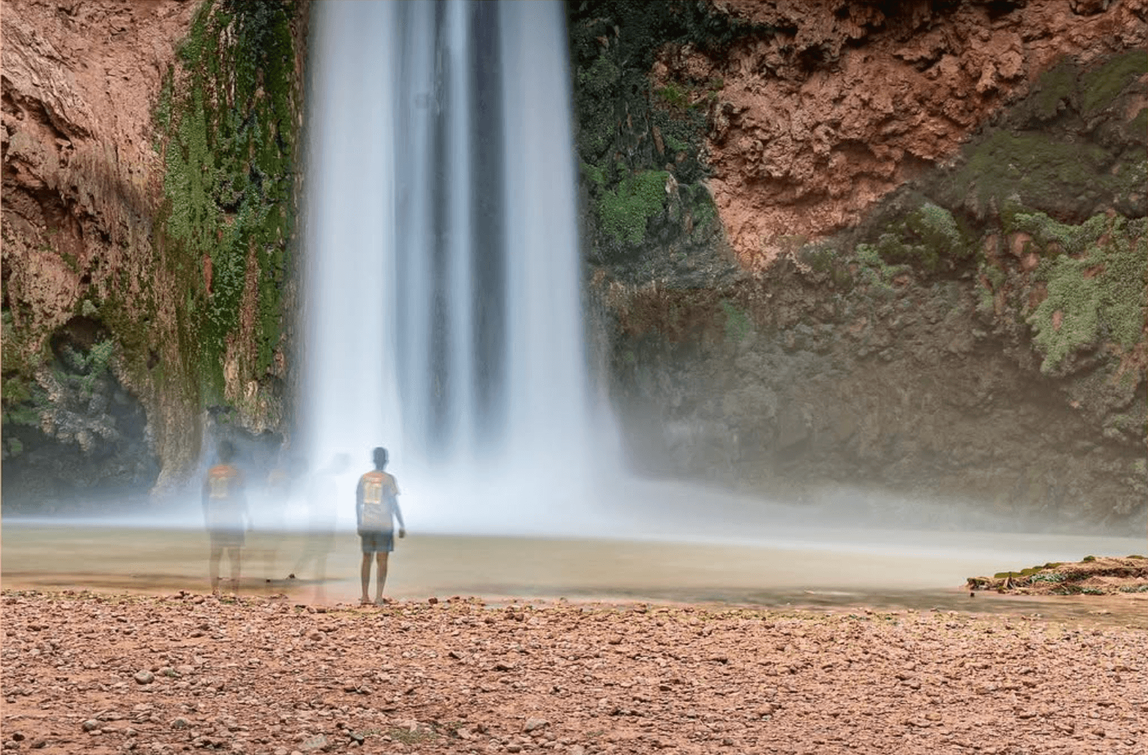 A multiple-exposure self-portrait at Havasupai Falls — the first photograph of Isolement Spirit